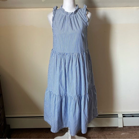 J. Crew Tiered Flounce Ruffle Searsucker Blue and White Stripe Sleeveless Dress - Picture 2 of 11